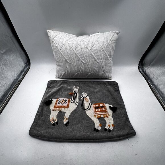 Double Lama Cotton Gray And Yellow Textured Embroidered Pillow 16x11 - Picture 4 of 6